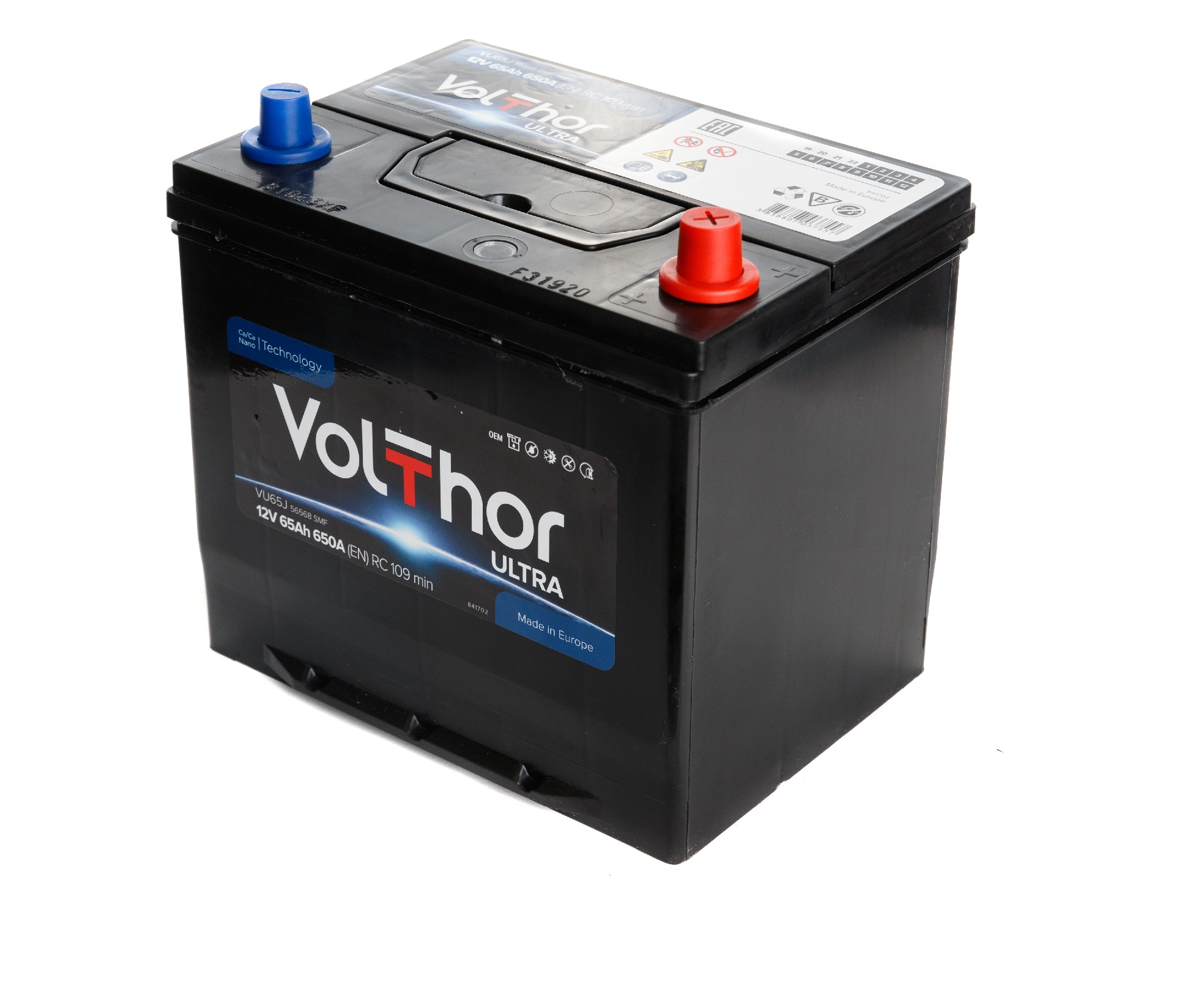 Акумулятор легковий VOLTHOR 6СТ-65(0) JIS (650А) ULTRA 12B, 65Ah, 650A, плюс праворуч (R+) кальцієвий (Ca/Ca) 230X173X200(220) мм (301067)